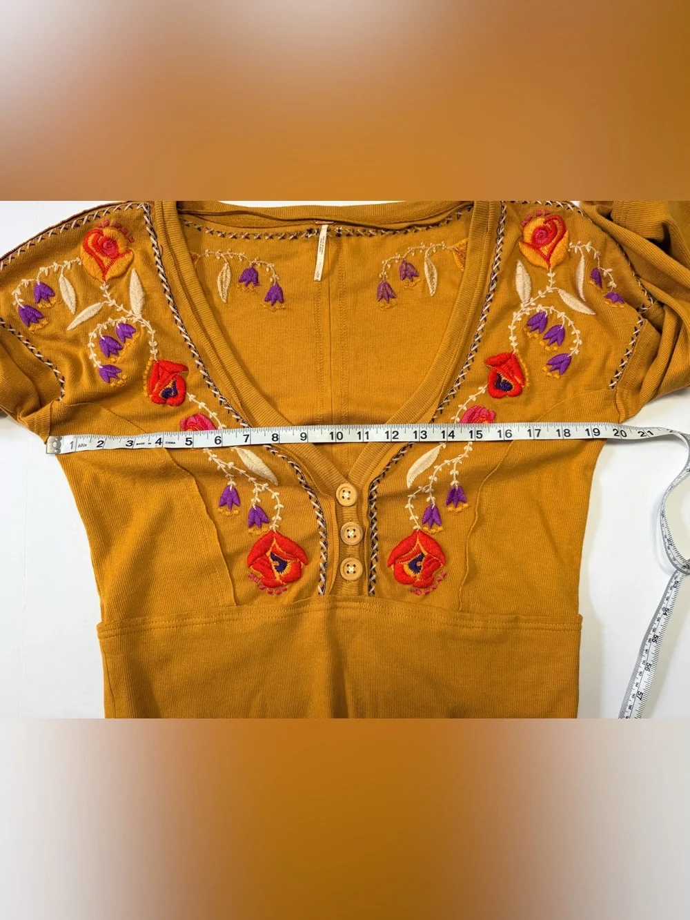 Free People Embroidered Boho Henley Pullover Mustard Floral Size L